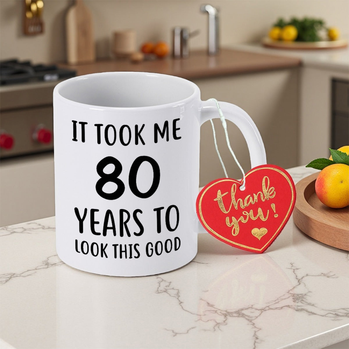 Tailorly White Ceramic 11 oz Mug - It Took Me 80 Years To Look This Good Thank You Elegant Pure White Ceramic Drinking Vessel Resting On Kitchen Counter Mug