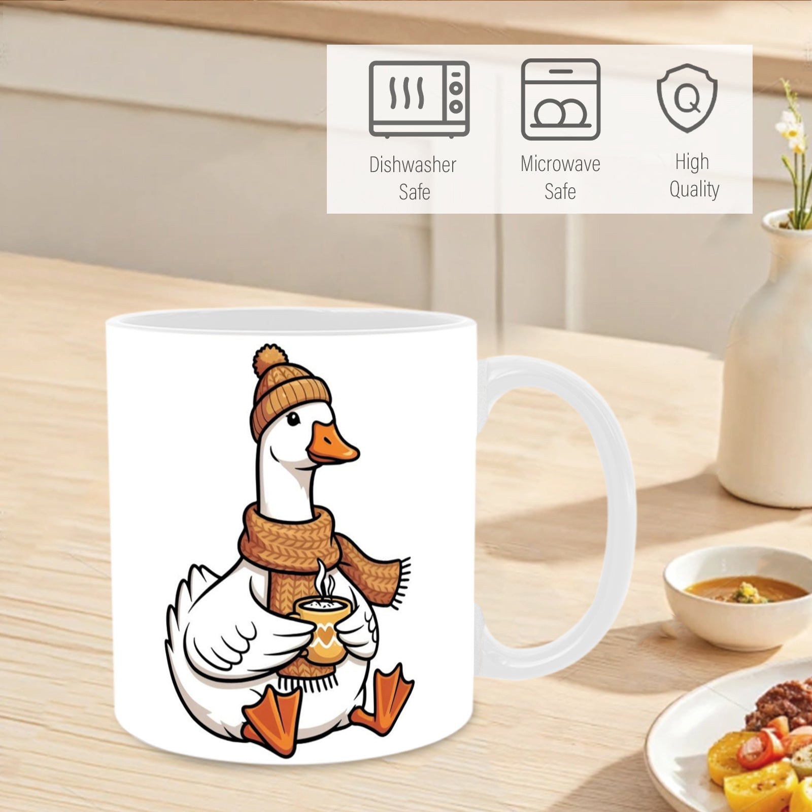 Tailorly White Ceramic 11 oz Mug - Cute White Bird Wearing A Cozy Knitted Scarf And Beanie Goose