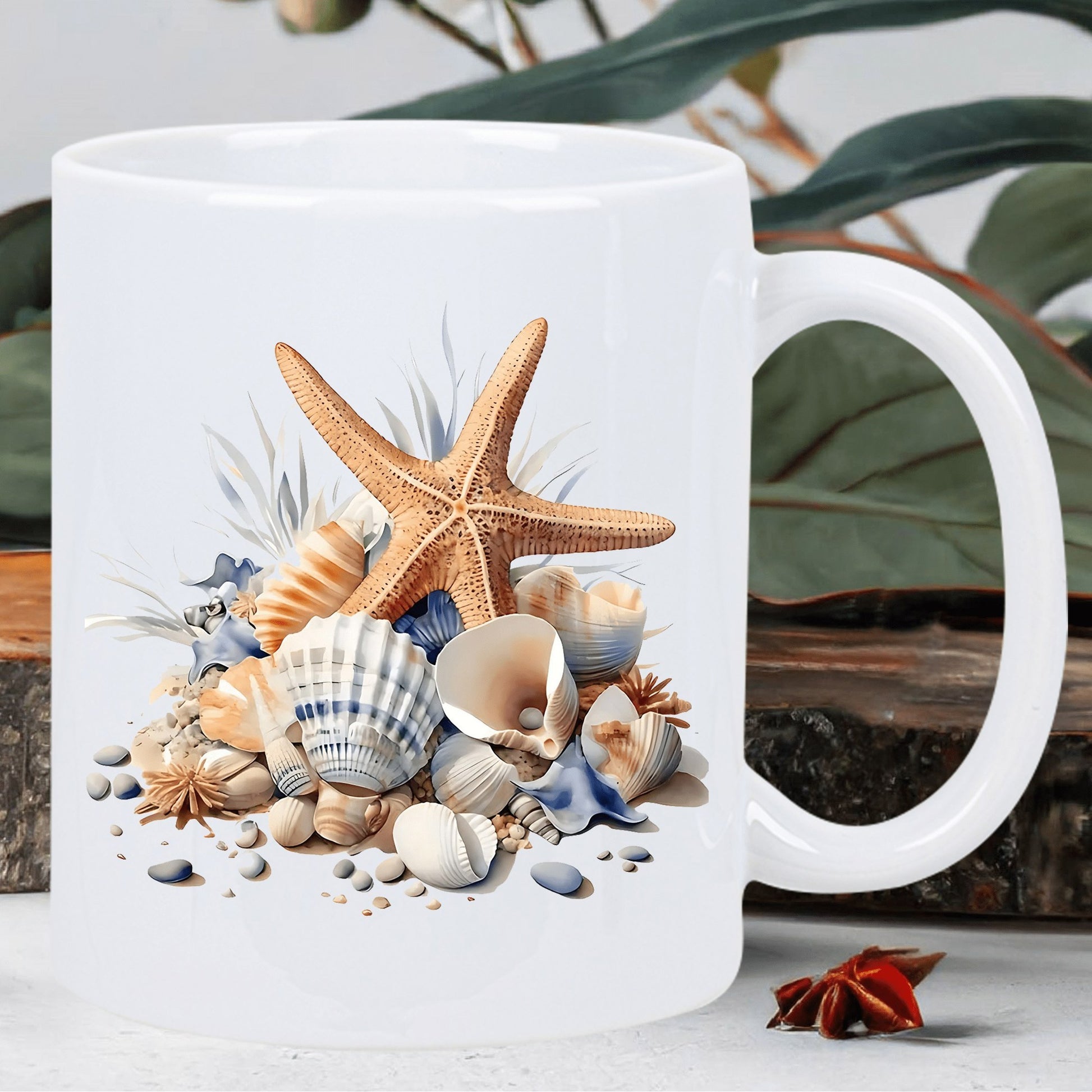 Tailorly White Ceramic 11 oz Mug - Detailed Coastal Collection Of Ocean Seashells Resting Around A Golden Starfish