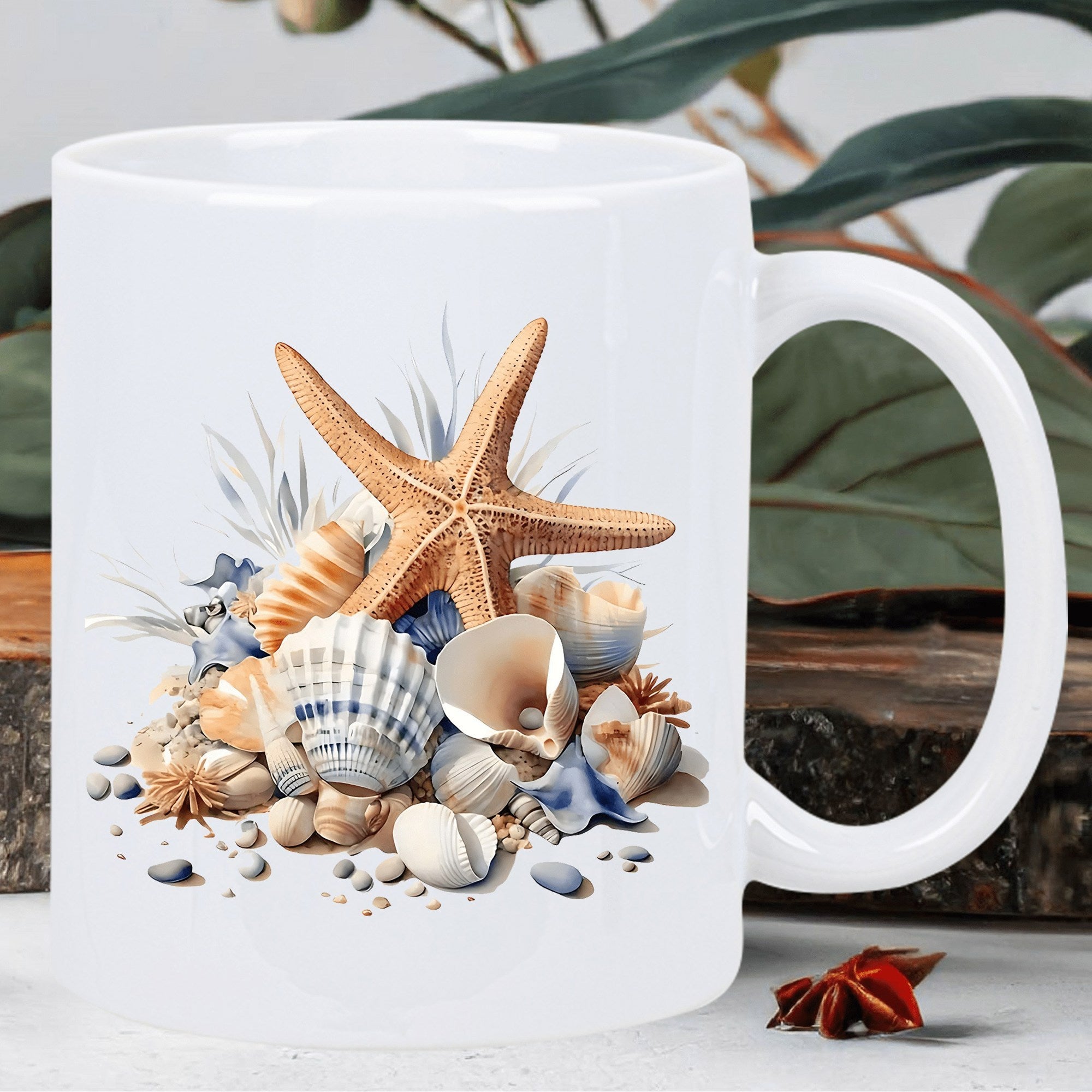 Tailorly White Ceramic 11 oz Mug - Detailed Coastal Collection Of Ocean Seashells Resting Around A Golden Starfish