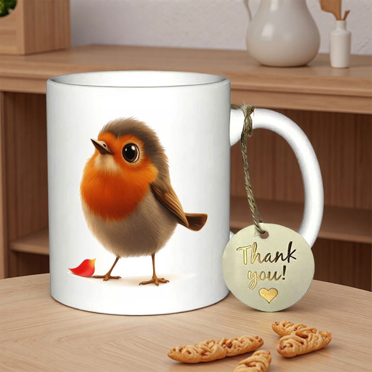 Tailorly White Ceramic 11 oz Mug - Thank You Adorable Fluffy Round Bird Standing Near A Single Red Petal Robin