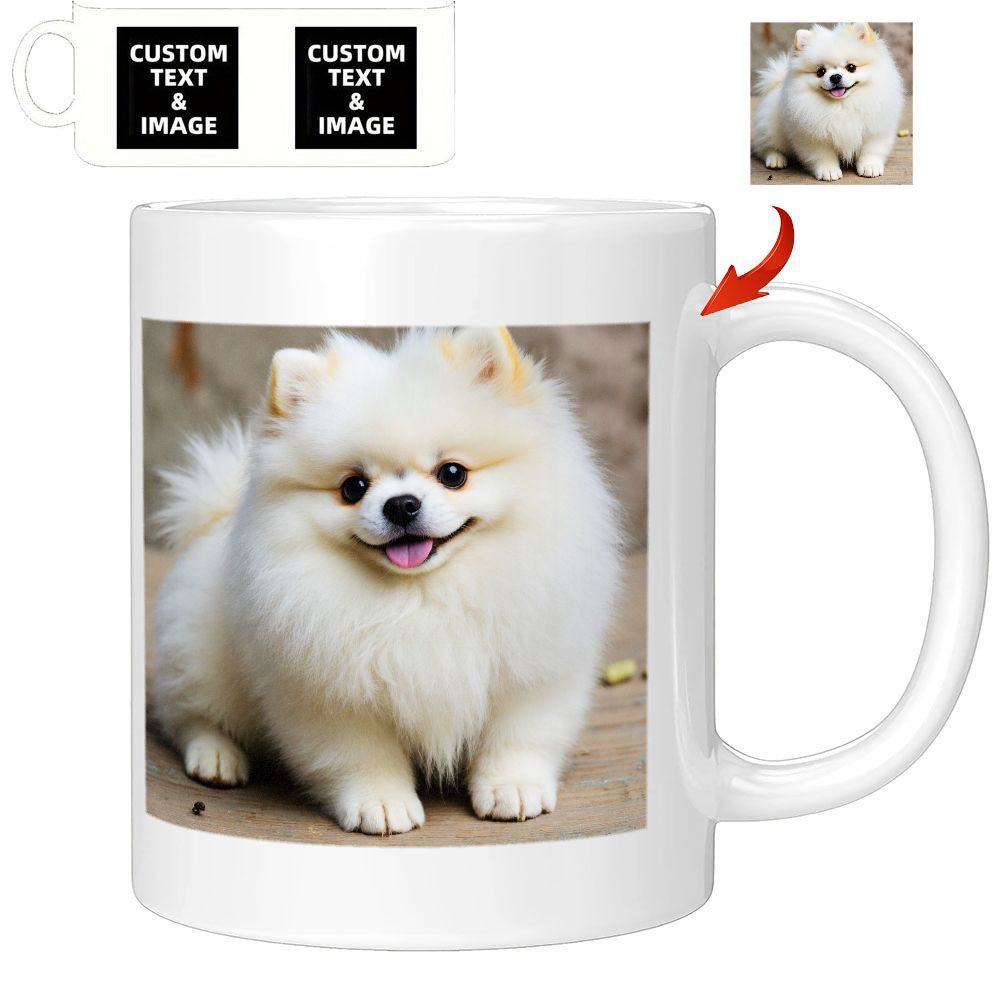Tailorly White Ceramic 11 oz Mug - Custom Text Image Fluffy White Furry Puppy Sitting On Ground With Happy Expression Pomeranian