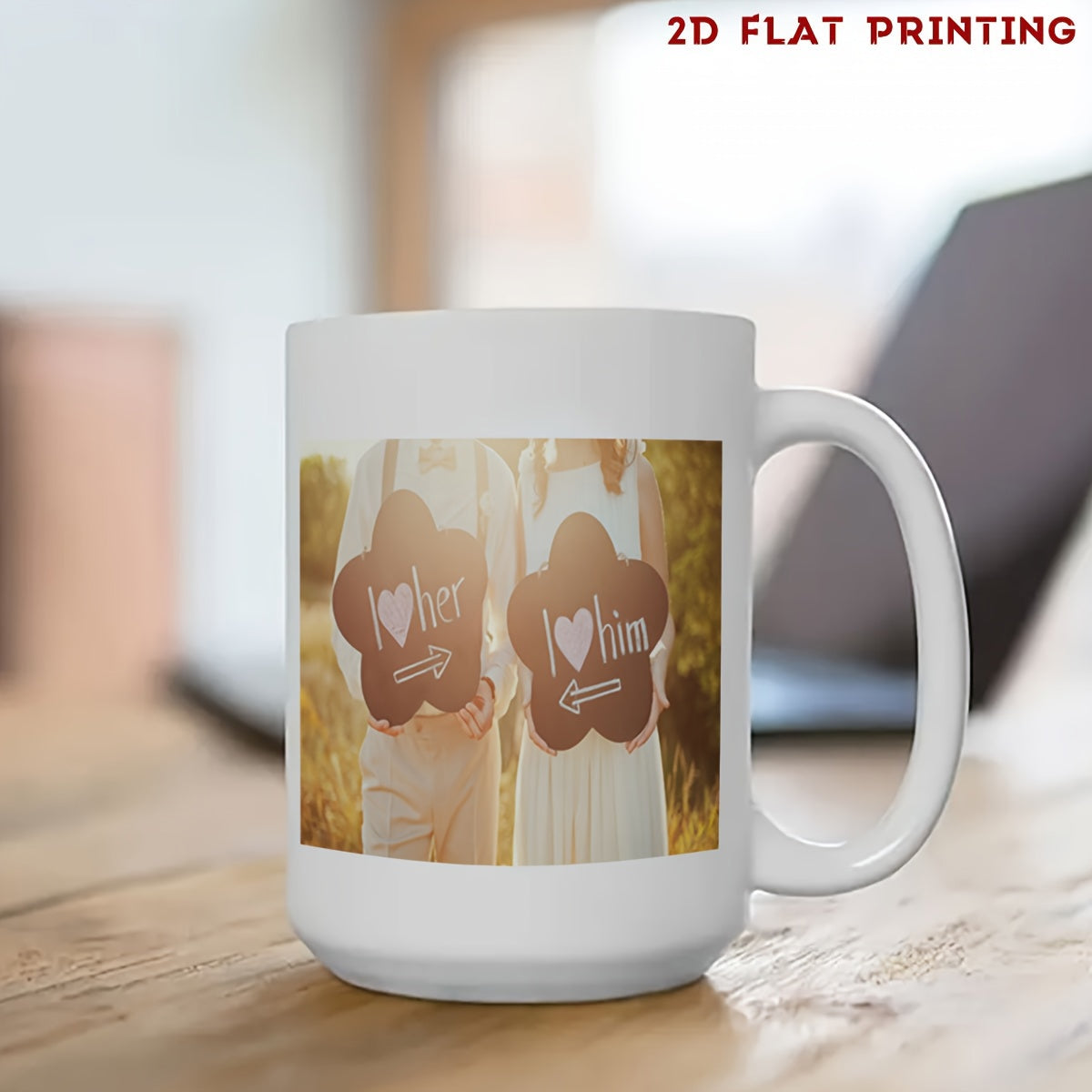 Tailorly White Ceramic 11 oz Mug - I Love Her I Love Him Romantic Couple Holding Flower Shaped Signs Standing In Golden Sunlit Field Portrait