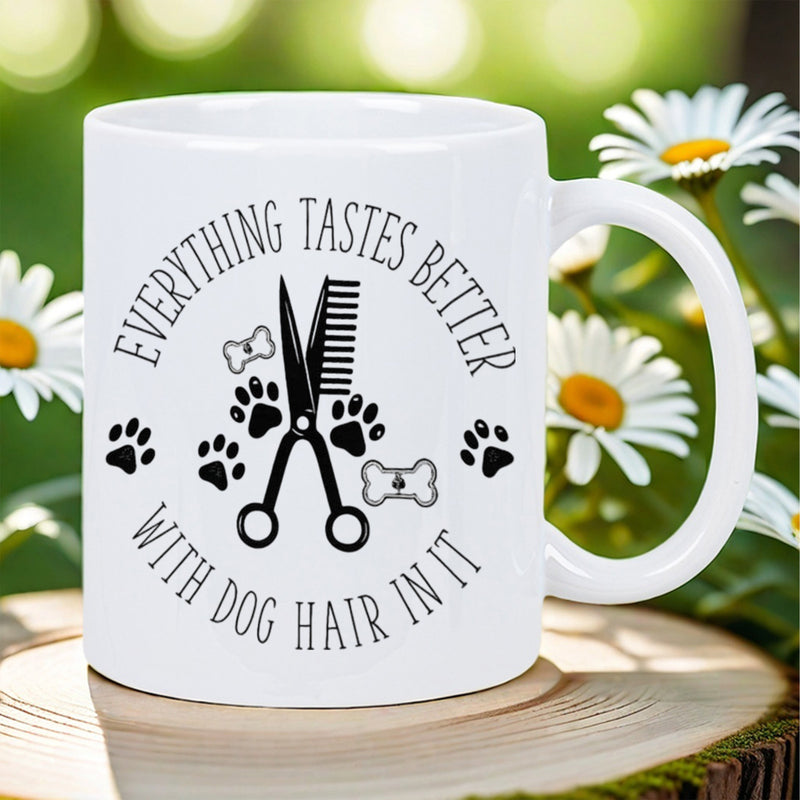 Tailorly White Ceramic 11 oz Mug - Everything Tastes Better With Dog Hair In It Professional Hair Grooming Tools Surrounded By Tiny Paws And Bones Scissors