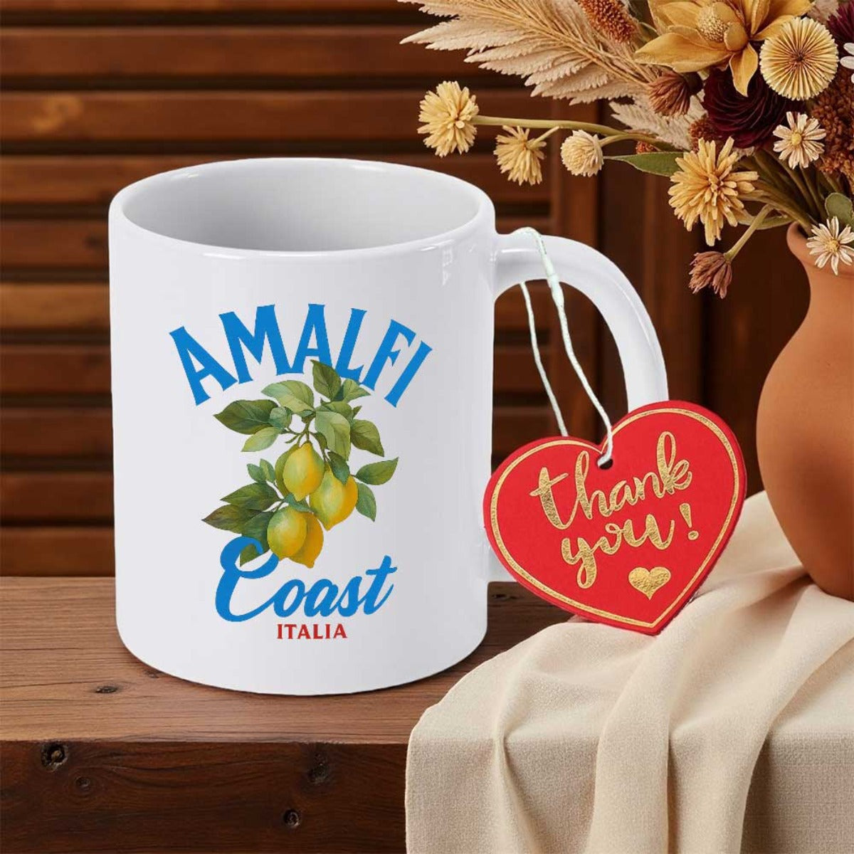 Tailorly White Ceramic 11 oz Mug - Amalfi Coast Italia Vibrant Yellow Lemons Growing On A Leafy Green Branch Mediterranean Style Lemon