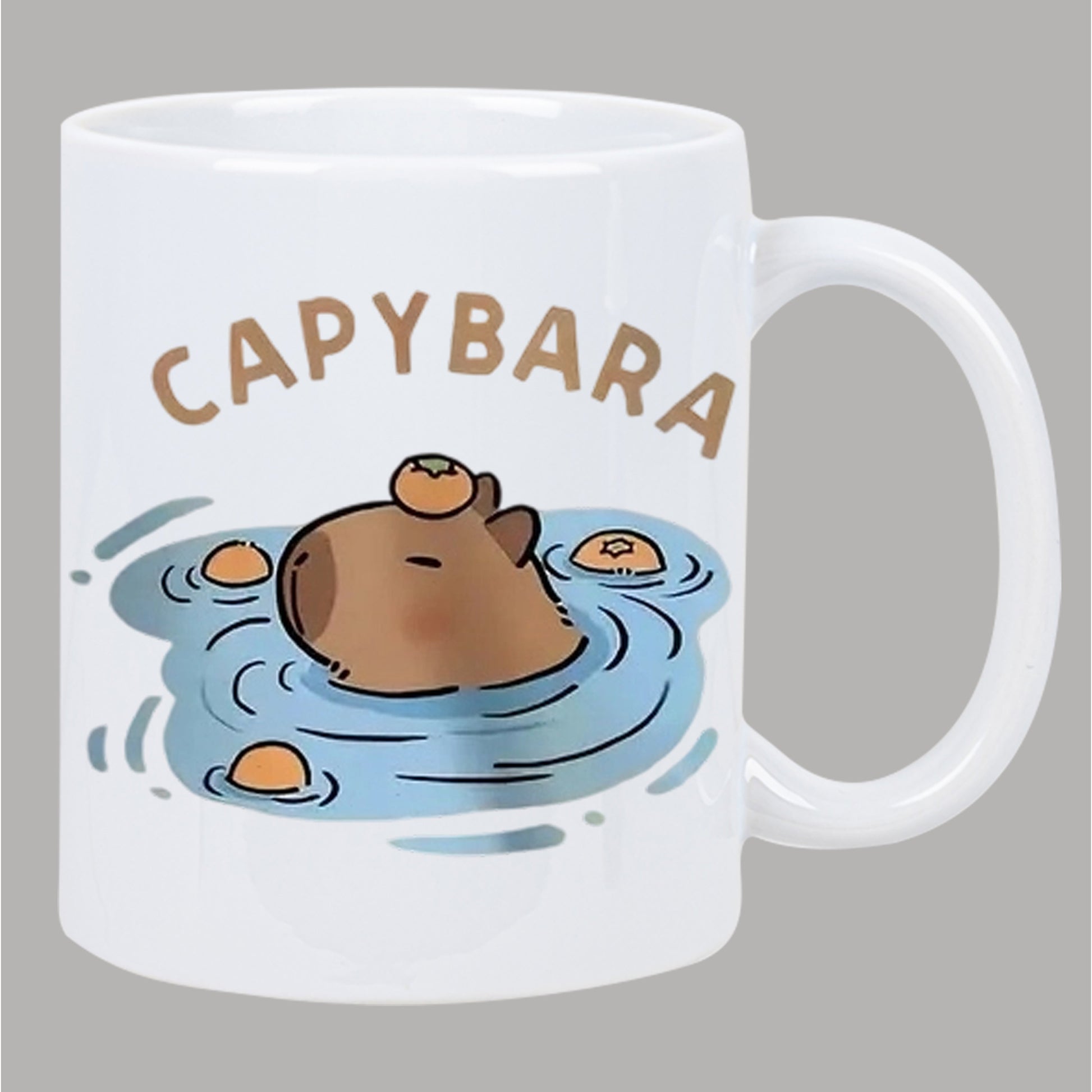 Tailorly White Ceramic 11 oz Mug - Capybara Cute Brown Animal Floating In Blue Water With Tiny Oranges Capybara