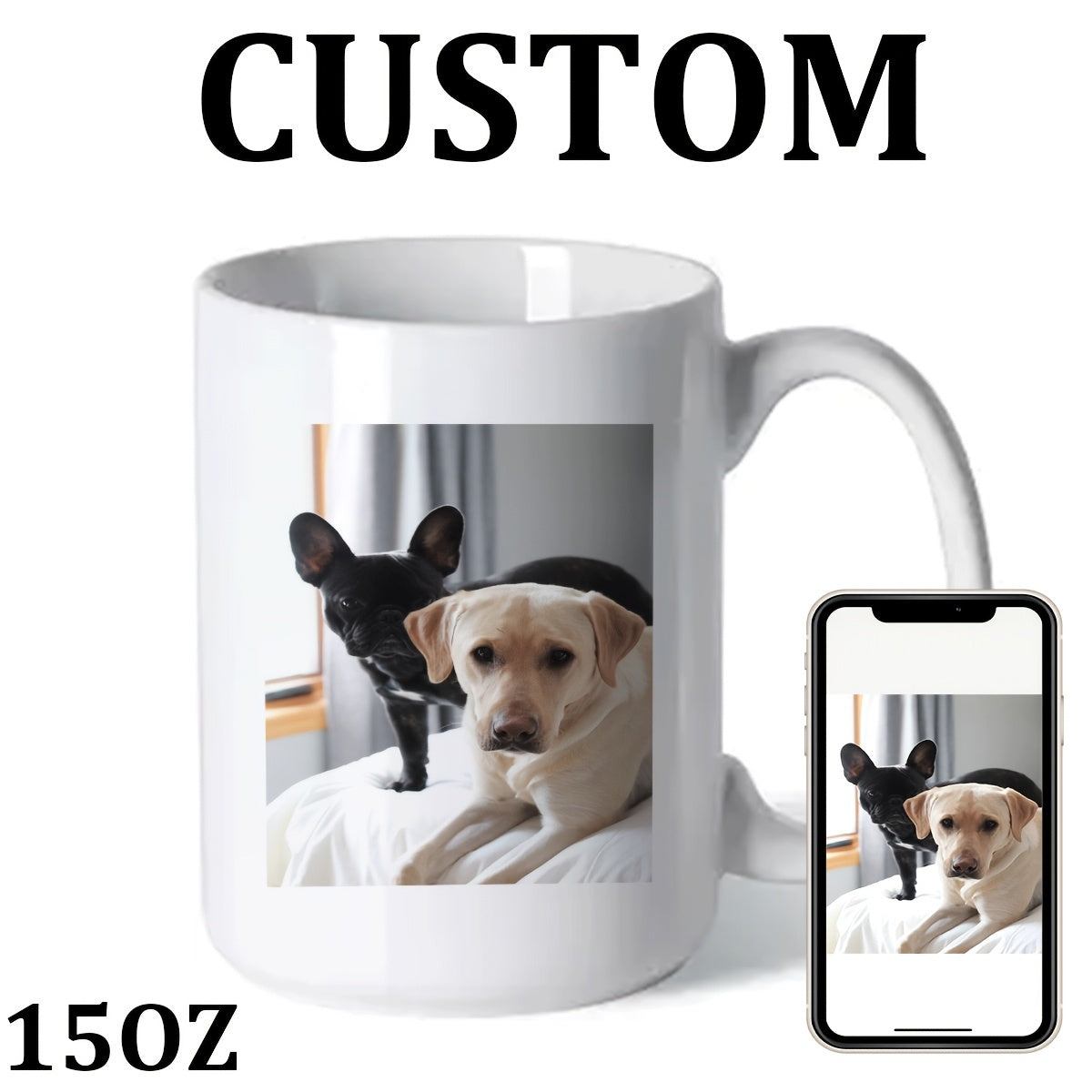 Tailorly White Ceramic 11 oz Mug - Custom Two Adorable Pets Resting Comfortably On A White Bed Inside Home Dogs