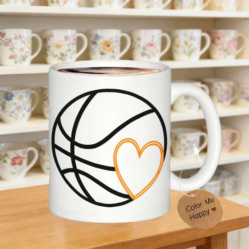Tailorly White Ceramic 11 oz Mug - Minimalist Black Outlined Sports Sphere Featuring A Golden Orange Heart Basketball