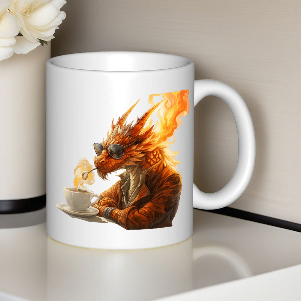Tailorly White Ceramic 11 oz Mug - Cool Stylish Mythical Beast Wearing Sunglasses Drinking Steaming Hot Morning Coffee Dragon