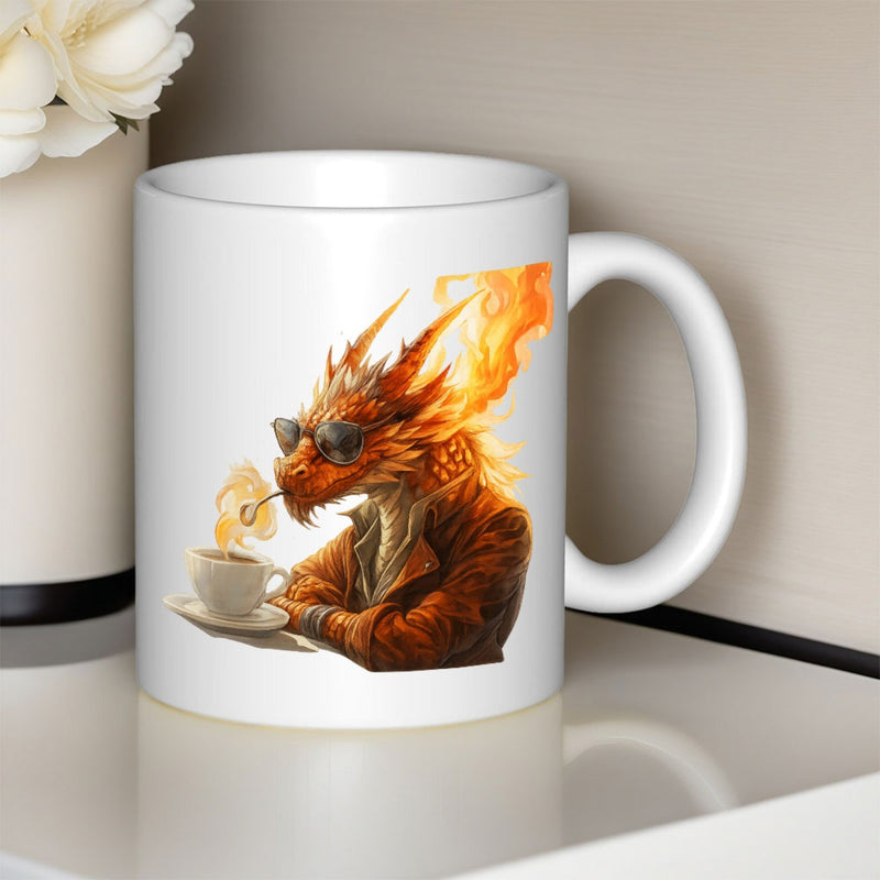 Tailorly White Ceramic 11 oz Mug - Cool Stylish Mythical Beast Wearing Sunglasses Drinking Steaming Hot Morning Coffee Dragon