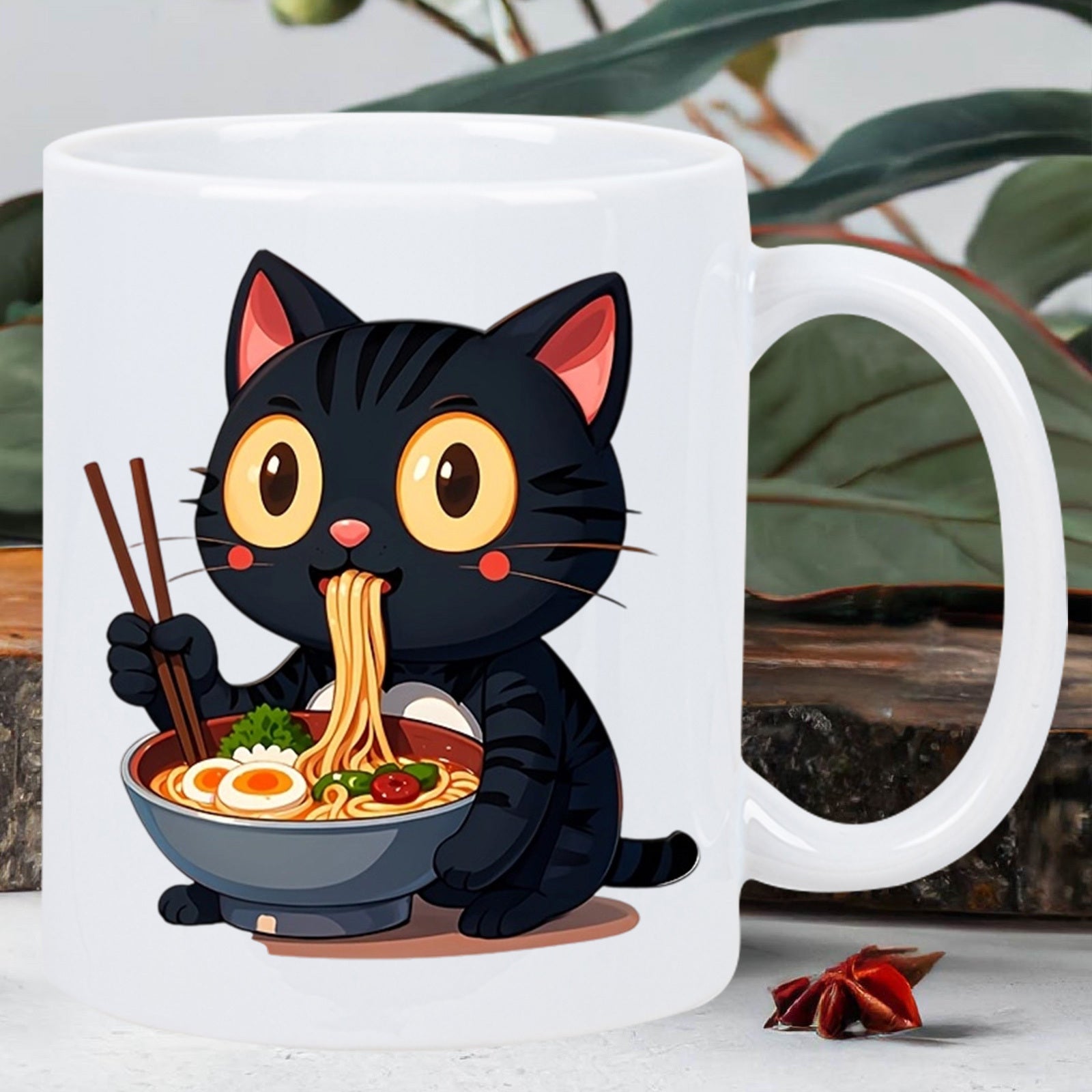 Tailorly White Ceramic 11 oz Mug - Adorable Black Cat Eating Delicious Ramen From A Steaming Bowl Cat