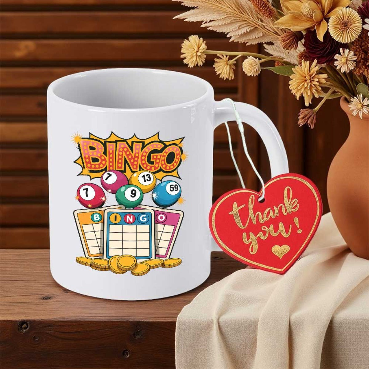 Tailorly White Ceramic 11 oz Mug - Bingo Colorful Numbered Balls And Grid Cards With Golden Coins Bingo