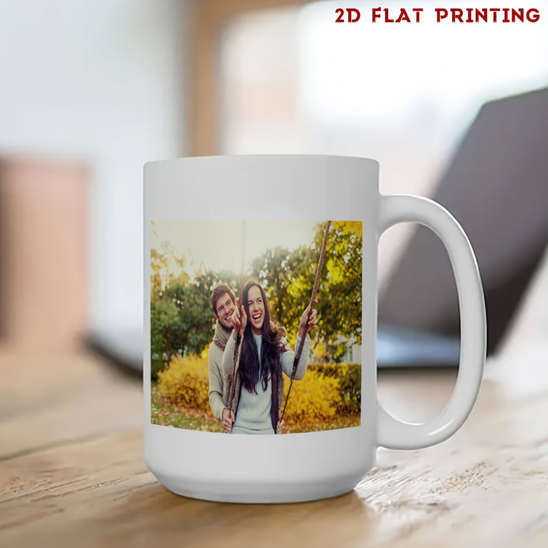 Tailorly White Ceramic 11 oz Mug - Happy Smiling Young Couple Standing In Autumn Garden With Golden Leaves Portrait