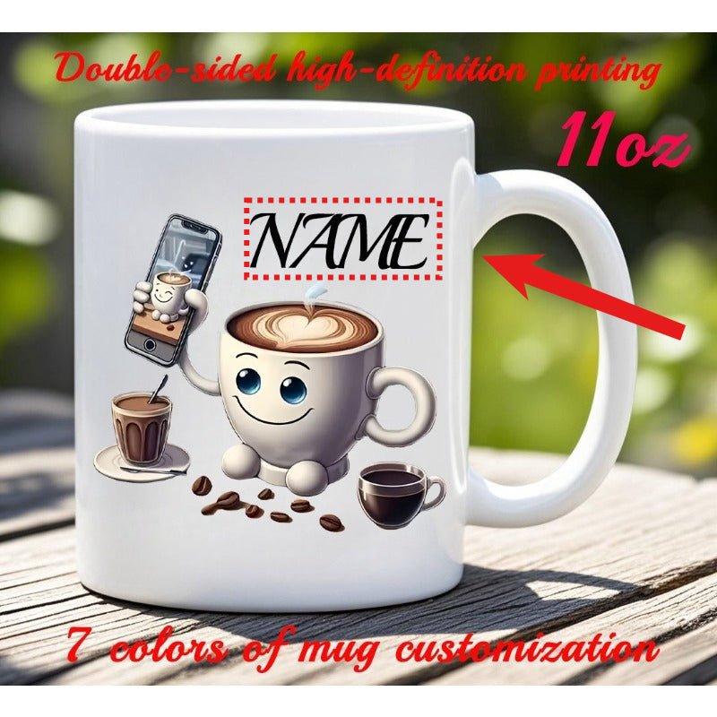 Tailorly White Ceramic 11 oz Mug - Name Cheerful Cartoon Character Holding Smartphone With Steam And Scattered Beans Mug