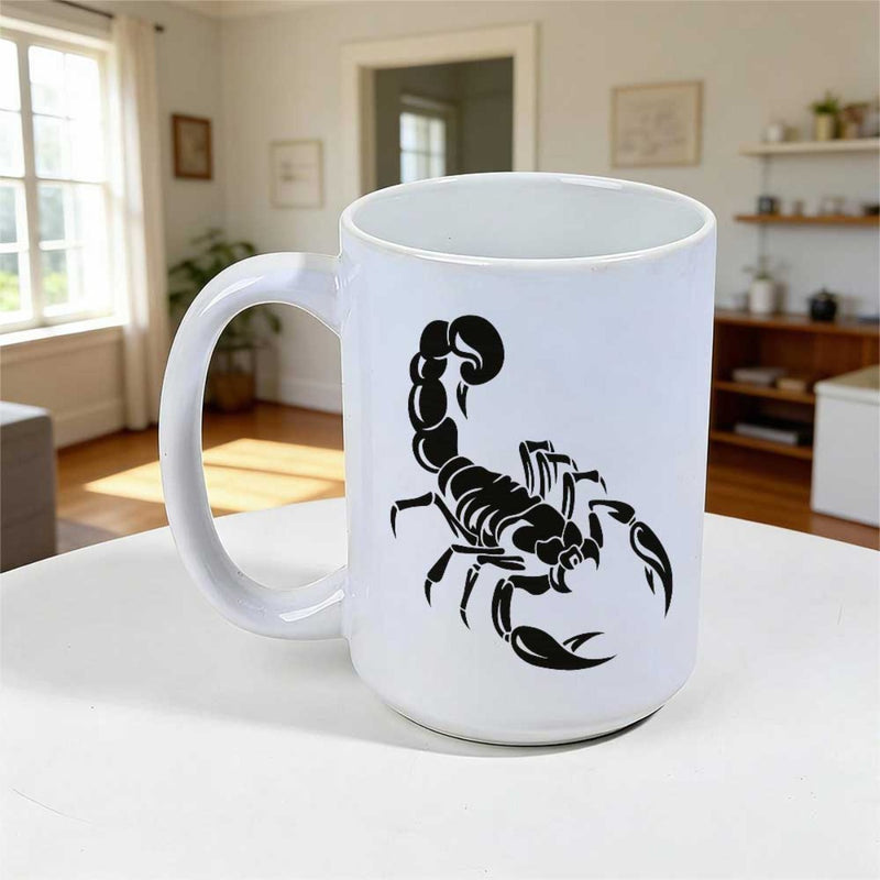 Tailorly White Ceramic 11 oz Mug - Realistic Stylized Black Silhouette Design With Sharp Pincers And Curved Tail Scorpion