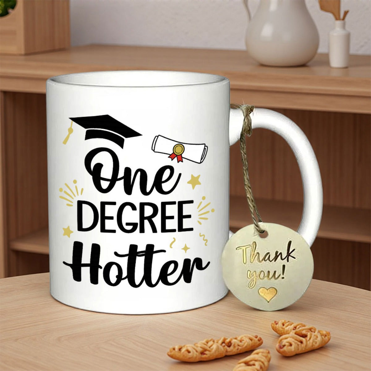 Tailorly White Ceramic 11 oz Mug - One Degree Hotter Celebrating Academic Achievement With Graduation Cap And Diploma Symbols Graduation Cap
