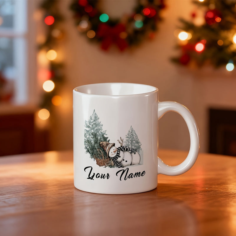 Tailorly White Ceramic 11 oz Mug - Your Name Hand Drawn Winter Scene With Evergreen Trees And Adorable Little Snowman