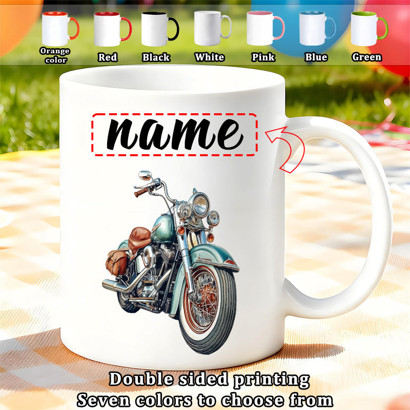 Tailorly White Ceramic 11 oz Mug - Name Classic Vintage Cruiser With Teal Paint Chrome Details And Leather Saddlebags Motorcycle