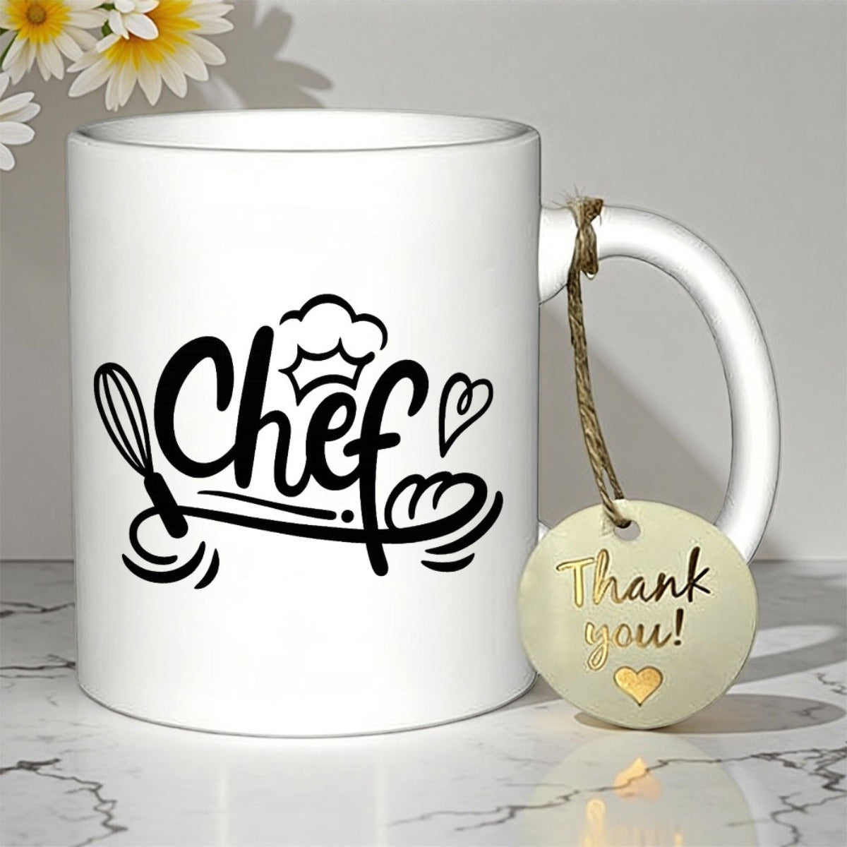 Tailorly White Ceramic 11 oz Mug - Chef Hand Drawn Whisk Hat Bread And Heart In Black Line Chef
