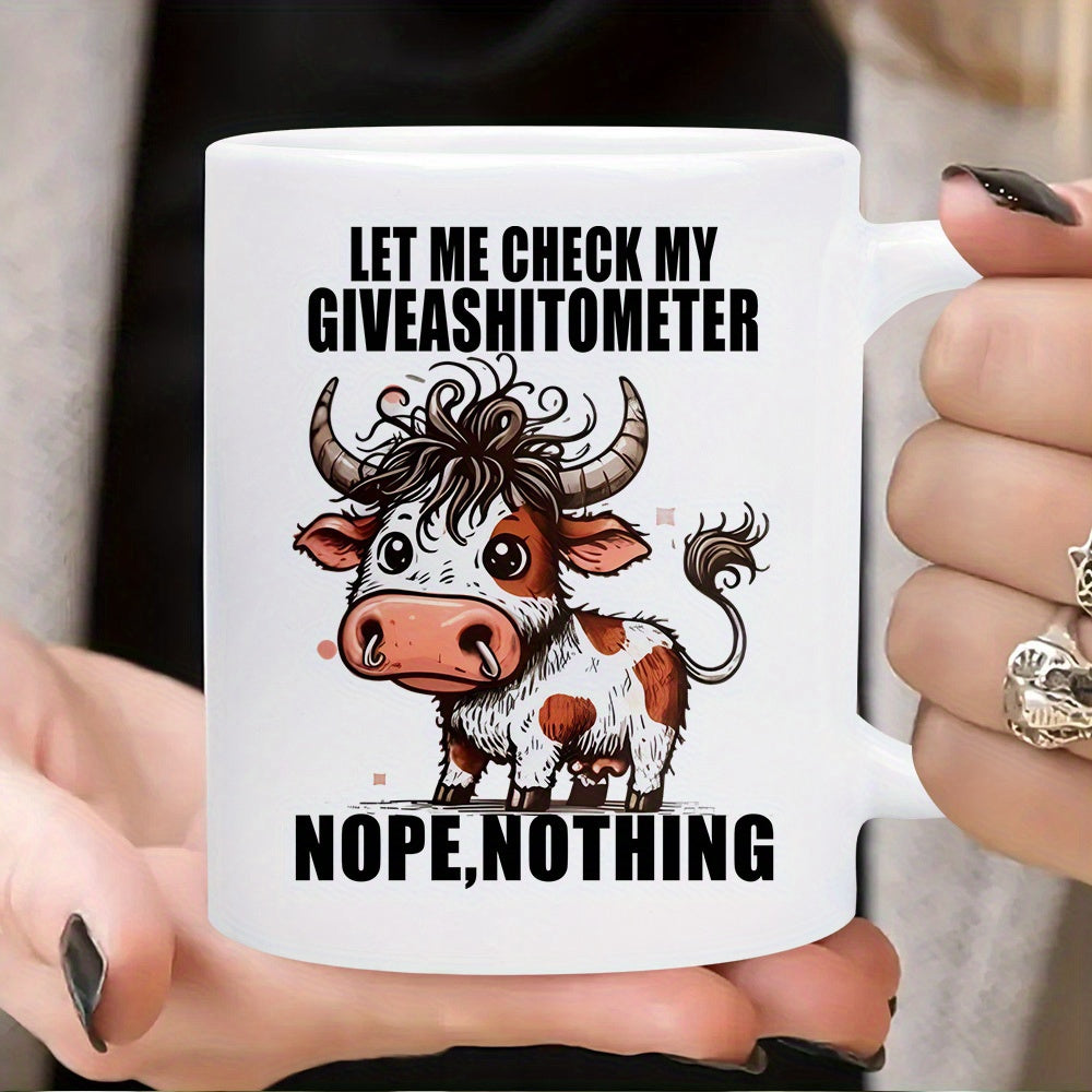 Tailorly White Ceramic 11 oz Mug - Let Me Check My Giveashitometer Nope Nothing Funny Cute Fluffy Spotted Highland Calf With Messy Hair Cow