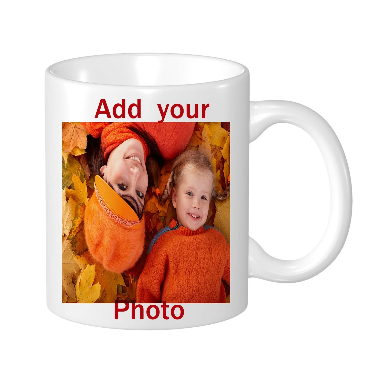 Tailorly White Ceramic 11 oz Mug - Add Your Photo Smiling Woman And Child Lying Among Vibrant Orange Autumn Leaves Portrait