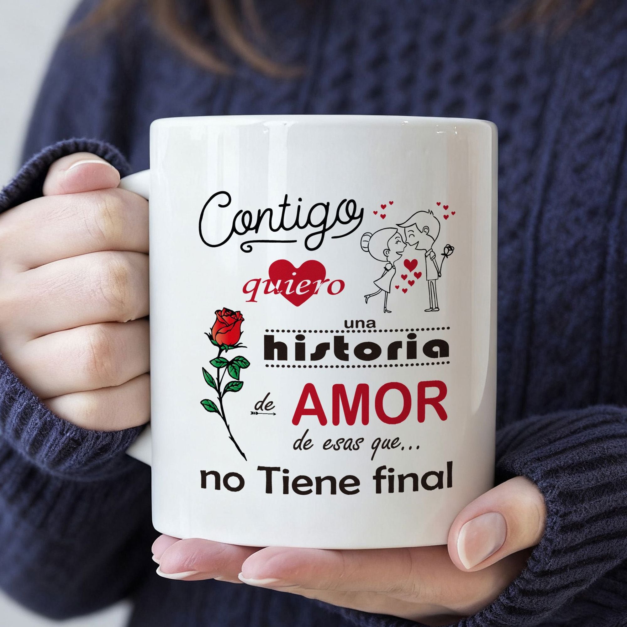 Tailorly White Ceramic 11 oz Mug - Romantic Line Art Sketch With A Red Rose And Heart Couple