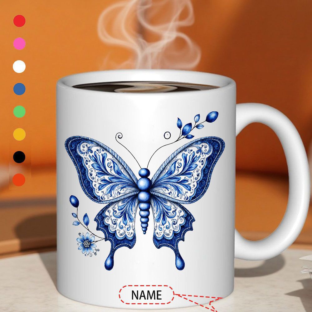 Tailorly White Ceramic 11 oz Mug - Name Intricate Blue Floral Patterns Decorating A Beautiful Elegant Winged Butterfly