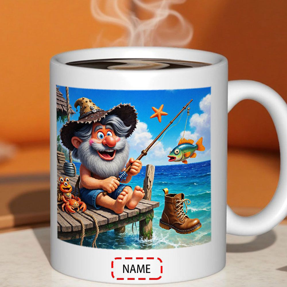 Tailorly White Ceramic 11 oz Mug - Name Elderly Fisherman Sitting On A Wooden Pier Catching A Colorful Fish Fisherman