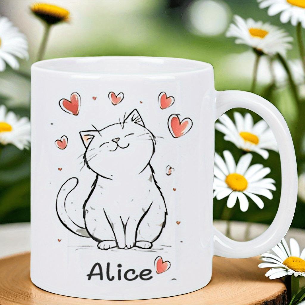 Tailorly White Ceramic 11 oz Mug - Alice Cute Hand Drawn Smiling Feline Surrounded By Tiny Floating Hearts Cat