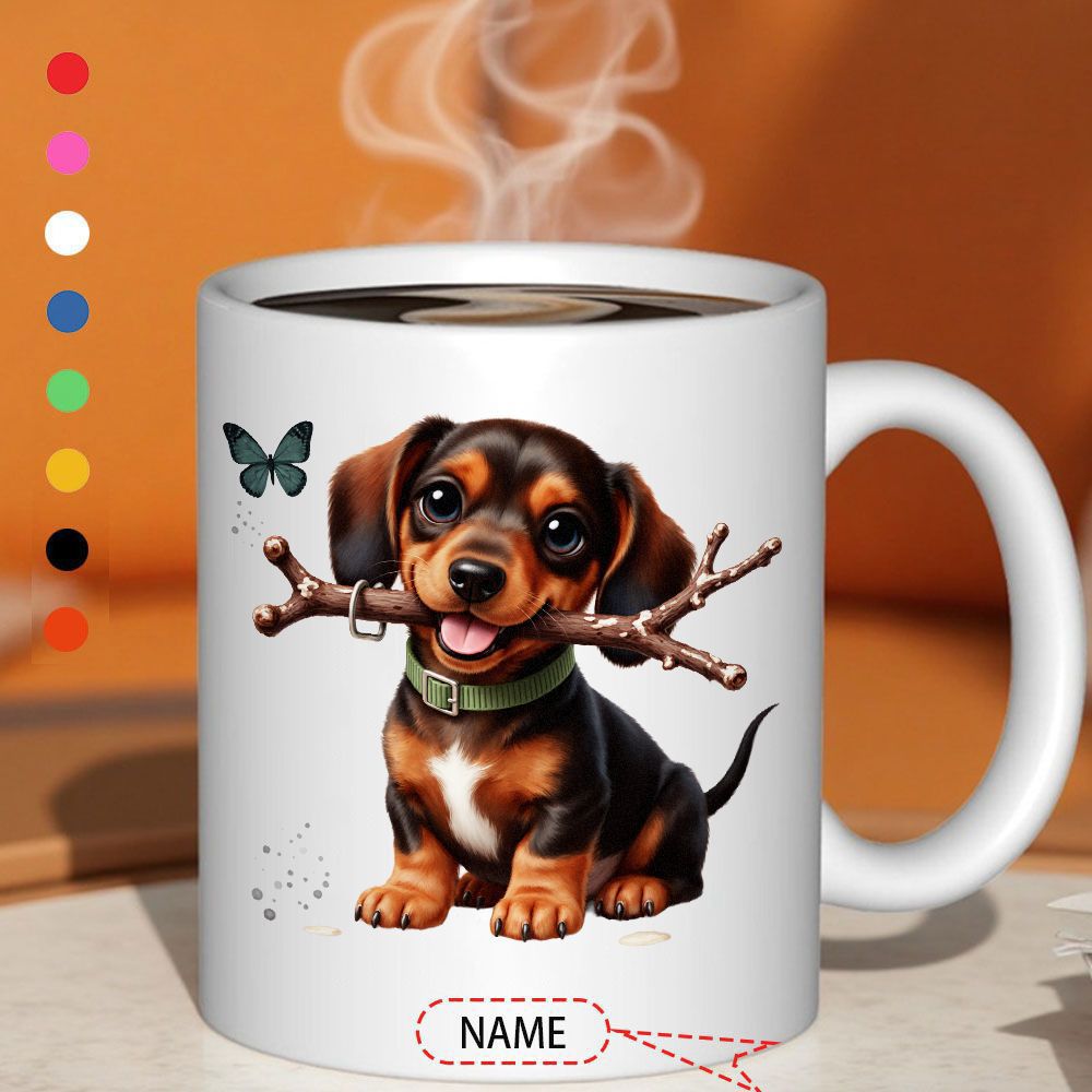 Tailorly White Ceramic 11 oz Mug - Name Playful Small Puppy Holding A Wooden Stick In Its Mouth Dachshund