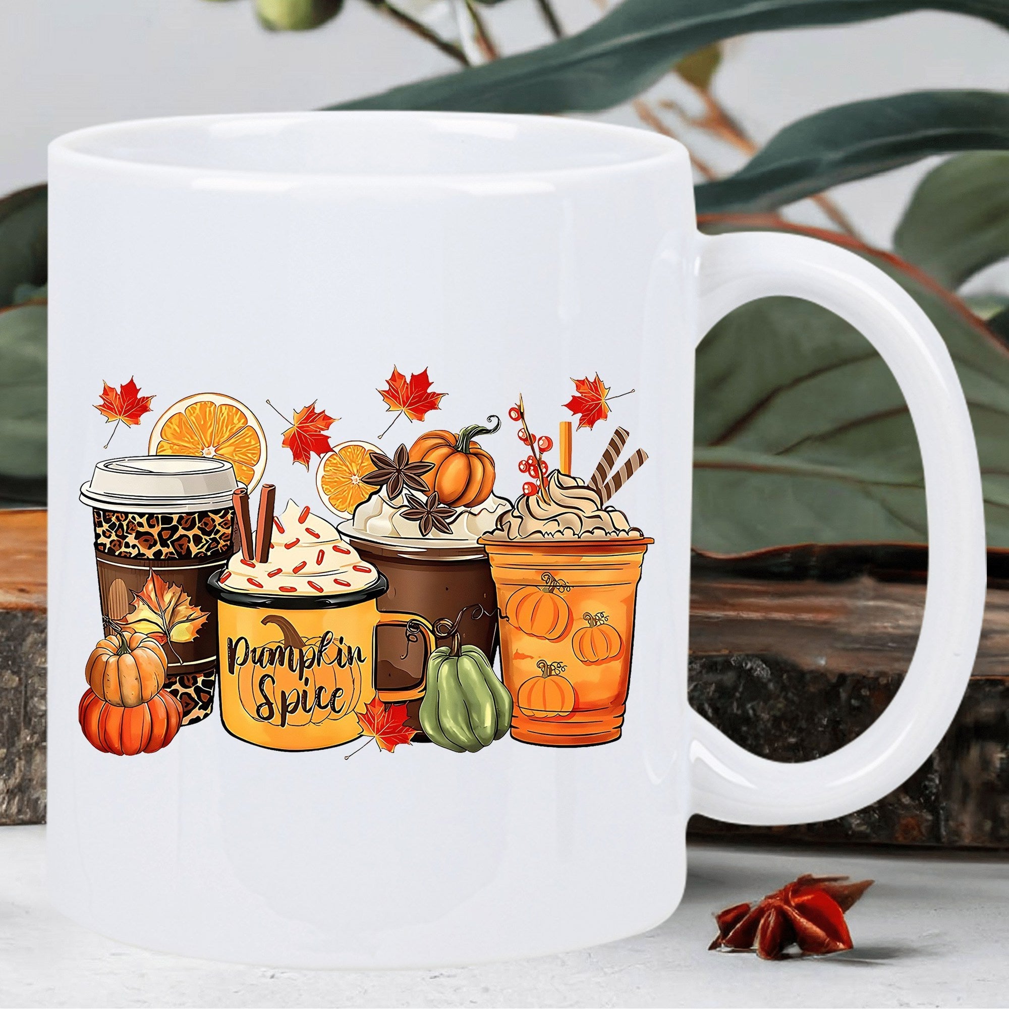 Tailorly White Ceramic 11 oz Mug - Pumpkin Spice Seasonal Autumn Beverages Decorated With Tiny Pumpkins And Falling Maple Leaves Coffee