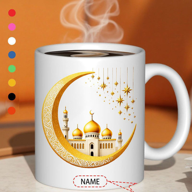 Tailorly White Ceramic 11 oz Mug - Name Golden Crescent Moon Featuring Elegant Architecture And Hanging Stars Mosque