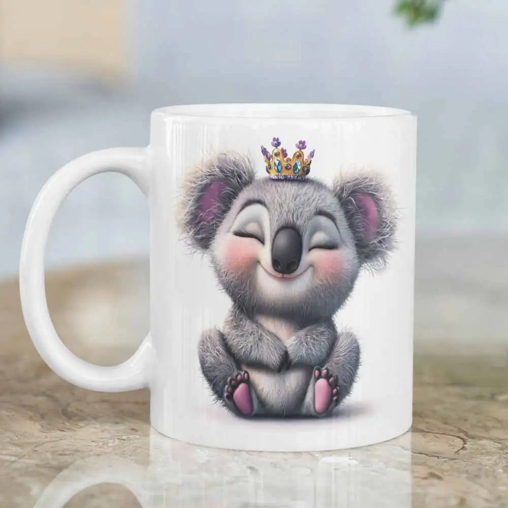 Tailorly White Ceramic 11 oz Mug - Adorable Fluffy Sitting Animal With Golden Crown And Sweet Smiling Expression Koala