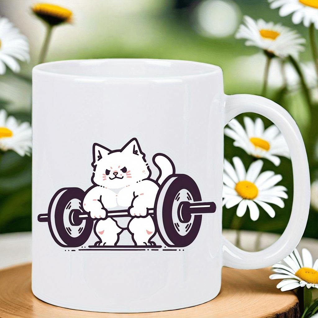 Tailorly White Ceramic 11 oz Mug - Muscular White Feline Lifting Heavy Iron Weights Barbell In Gym Style Cat