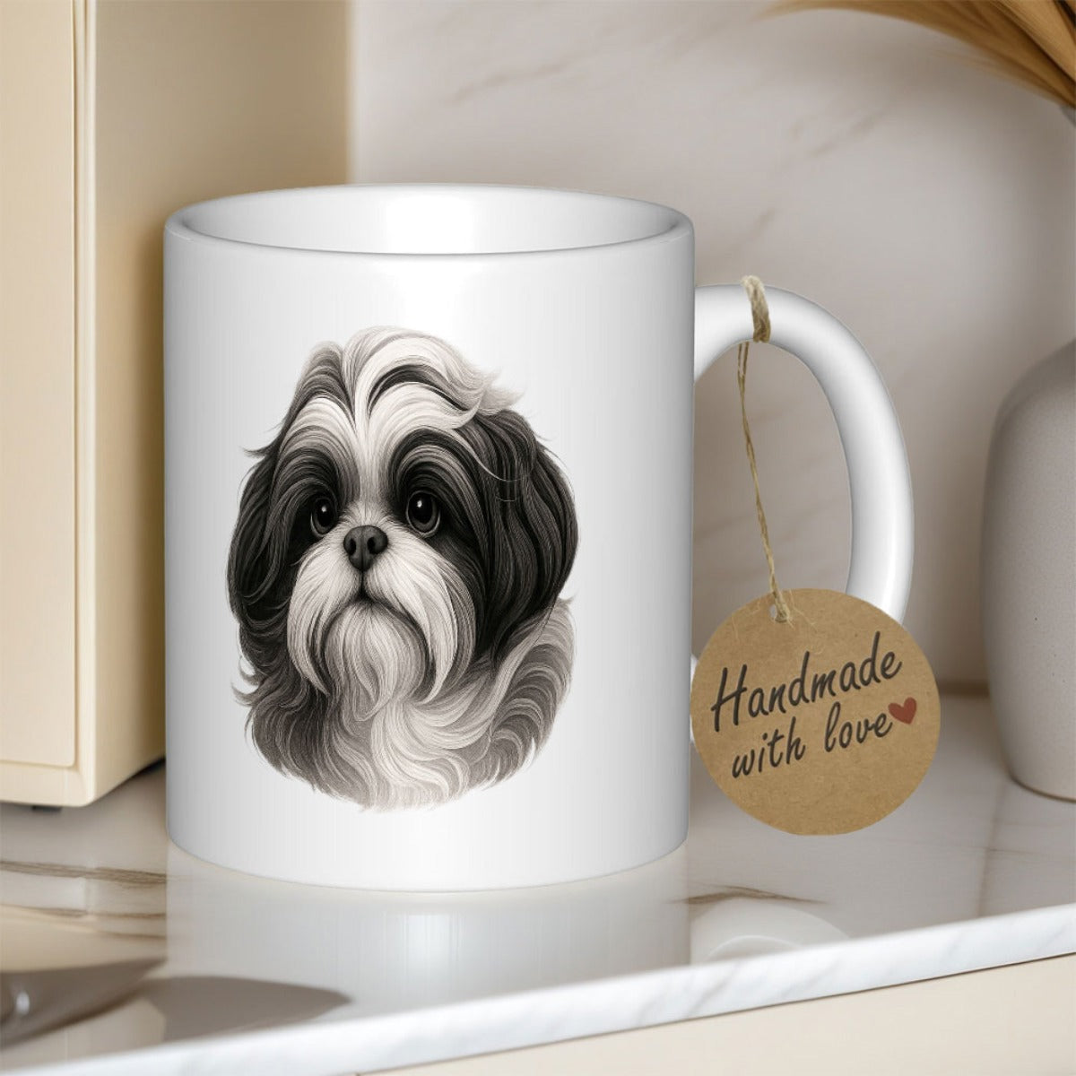 Tailorly White Ceramic 11 oz Mug - Handmade With Love Artistic Fluffy Black And White Dog With Large Eyes Shih Tzu