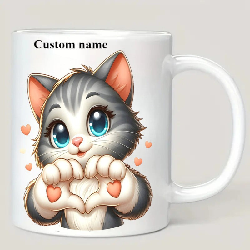 Tailorly White Ceramic 11 oz Mug - Custom Name Adorable Grey And White Kitten Making Heart Gesture Surrounded By Small Hearts Cat