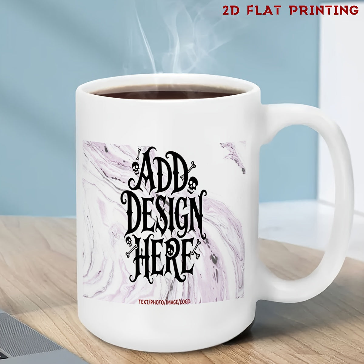 Tailorly White Ceramic 11 oz Mug - Add Design Here Gothic Text On Marble Background With Small Skulls And Bones Mug