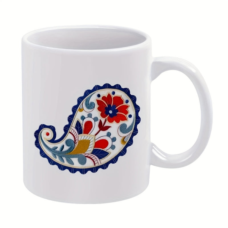 Tailorly White Ceramic 11 oz Mug - Vibrant Folk Art Motif Featuring Floral Elements And Colorful Traditional Paisley