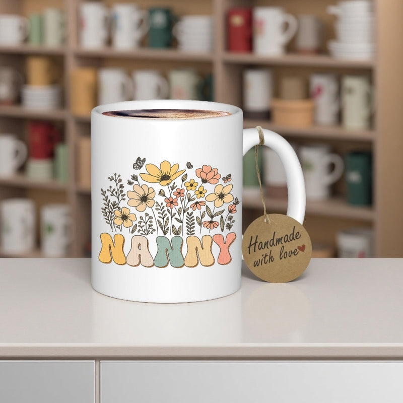 Tailorly White Ceramic 11 oz Mug - Nanny Colorful Retro Wildflowers Blooming Among Delicate Butterflies And Garden Flower