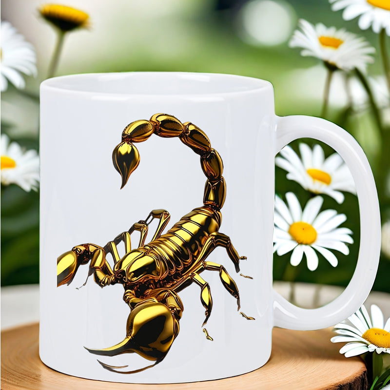 Tailorly White Ceramic 11 oz Mug - Golden Metallic Glossy Realistic Predator Standing Firm With Raised Tail Scorpion
