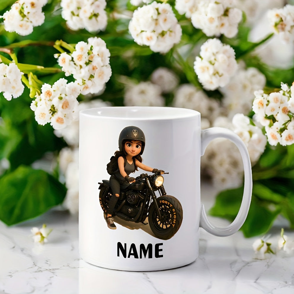 Tailorly White Ceramic 11 oz Mug - Name Cute Chibi Character Riding A Black Heavy Classic Street Motorcycle