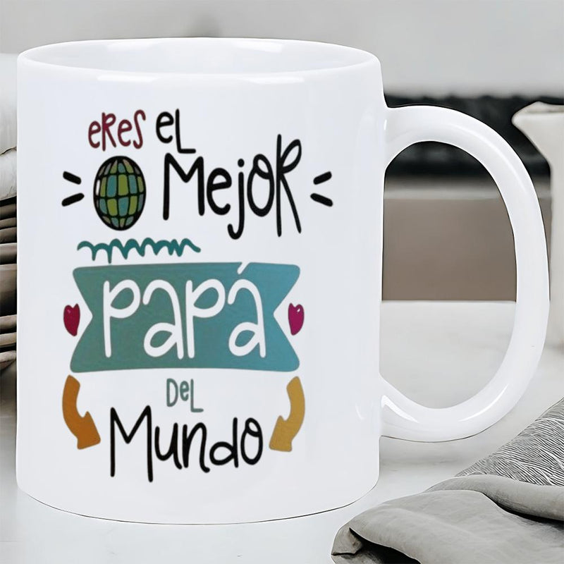 Tailorly White Ceramic 11 oz Mug - Hand Drawn Stylized Earth Sphere With Decorative Banner And Heart Elements Globe