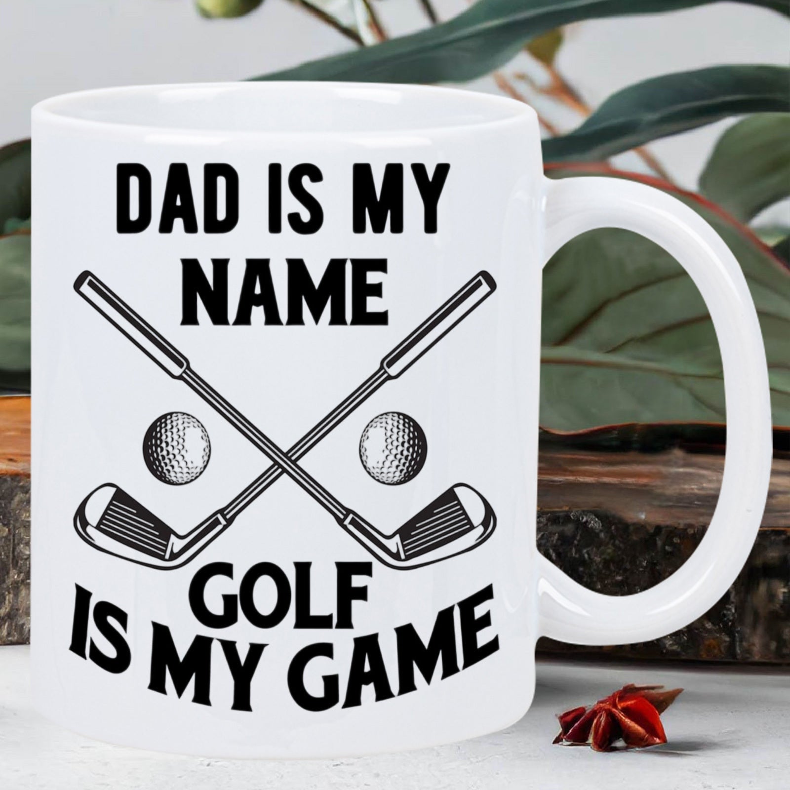 Tailorly White Ceramic 11 oz Mug - Dad Is My Name Golf Is My Game Crossed Iron Clubs And Textured Balls Set Against A Clean Background Golf Club