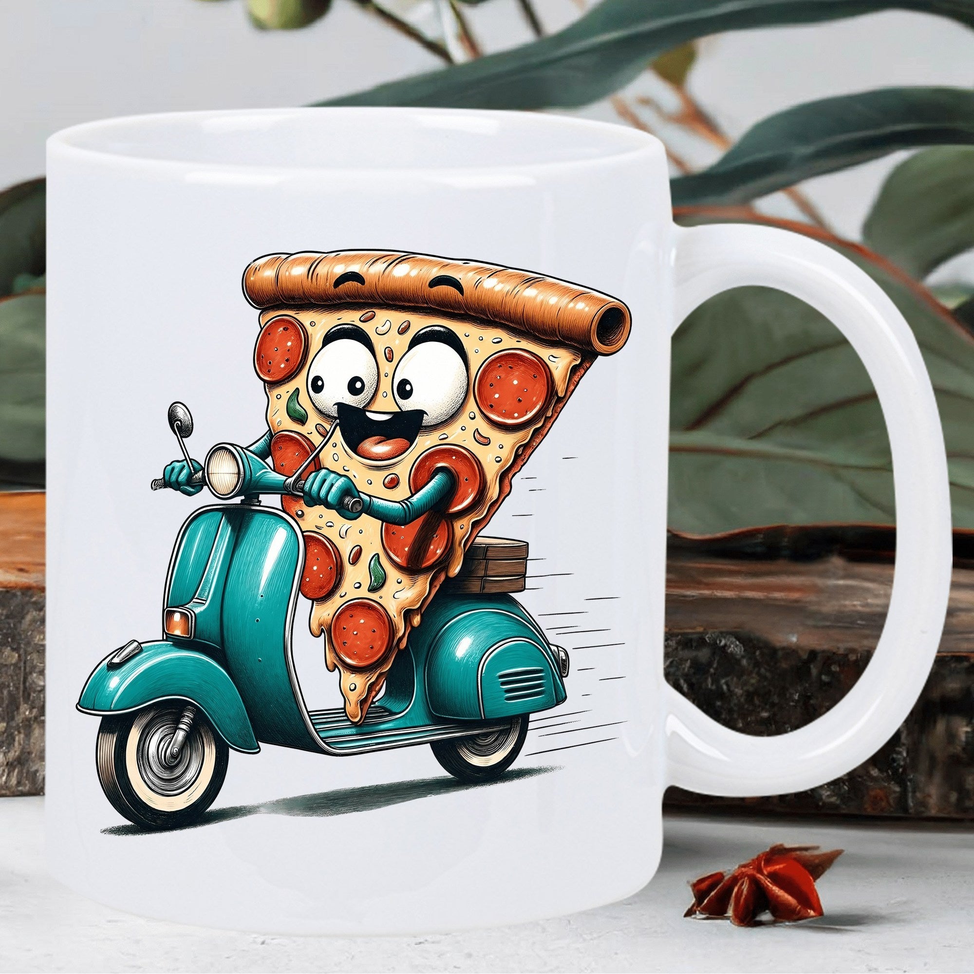 Tailorly White Ceramic 11 oz Mug - Cheerful Animated Pepperoni Slice Speeding On A Retro Teal Scooter Pizza