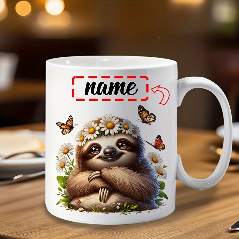 Tailorly White Ceramic 11 oz Mug - Name Adorable Smiling Sloth Wearing Daisy Crown Among Butterflies And Summer Flowers Sloth