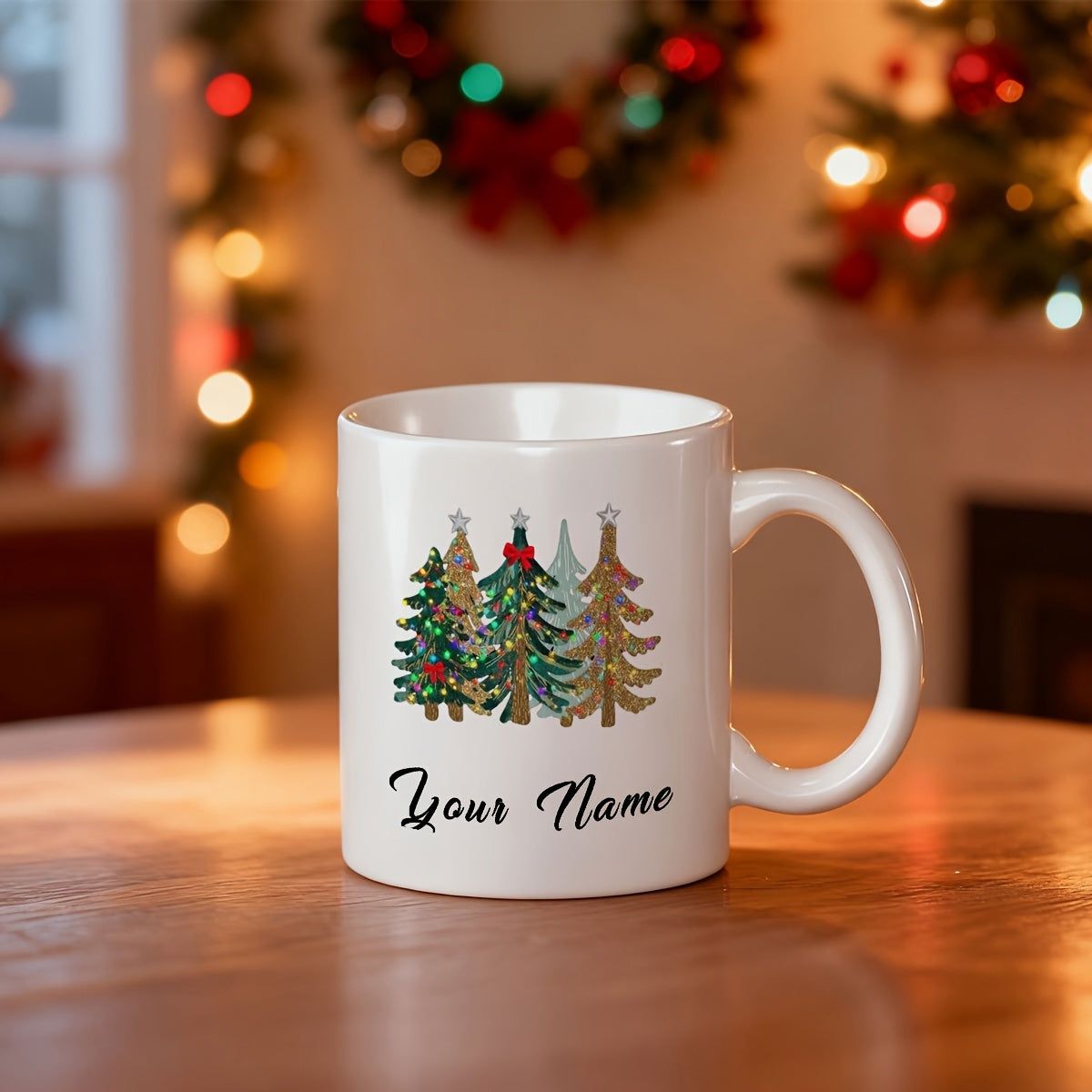 Tailorly White Ceramic 11 oz Mug - Your Name Festive Evergreen Forest With Artistic Textures And Elegant Holiday Accents Tree