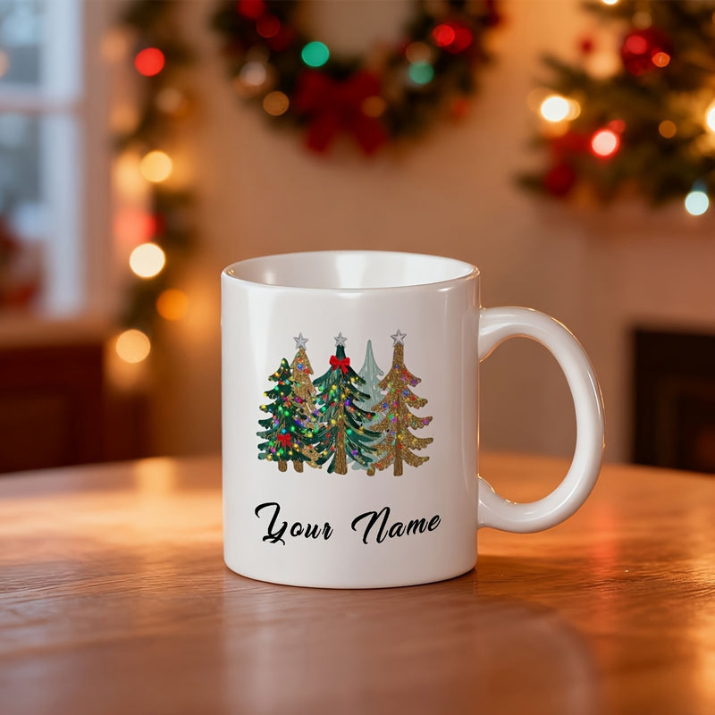Tailorly White Ceramic 11 oz Mug - Your Name Festive Evergreen Forest With Artistic Textures And Elegant Holiday Accents Tree