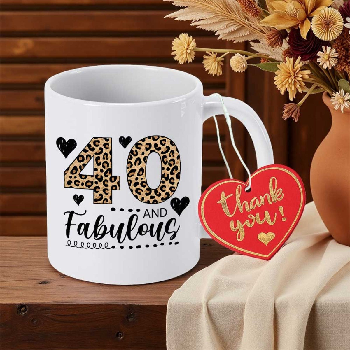 Tailorly White Ceramic 11 oz Mug - Forty And Fabulous Thank You Elegant Leopard Print Numbers Surrounded By Minimalist Black Hearts Mug