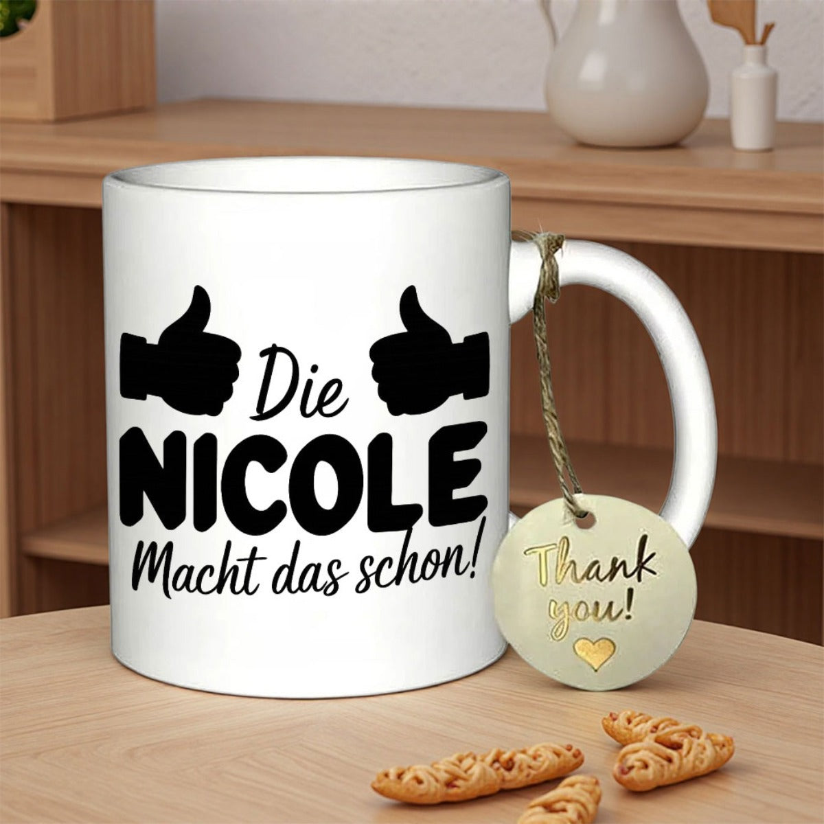 Tailorly White Ceramic 11 oz Mug - Thank You Polished With Symmetric Black Thumbs Up Graphic Mug