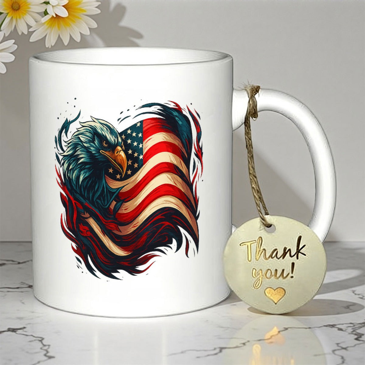 Tailorly White Ceramic 11 oz Mug - Thank You Majestic Bald Eagle Blended With American Flag In Artistic Stylized Illustration Eagle